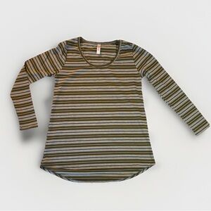 NWT Womens Lularoe Lynne Long Sleeve Green Gold Gray Stripes Scoop Neck Sz S